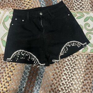 SHEIN Black Denim Shorts with Pearl Bead Fringe